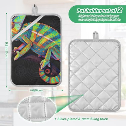 Pot Holder Set 170℃ Heat Resistant | 8mm Thick Padding BBQ，Microwave Two Piecing Vibrant Rainbow Reptile on Branch