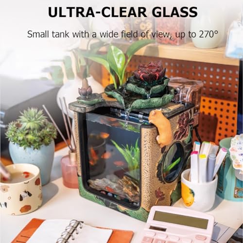 Fish Tanks with Water Fountain,Indoor & Outdoor Small Fish Pond Kit,Water Pump & Filtration & LED Light,Tabletop Aquarium,Waterfall Decoration,Home Office Decor,A