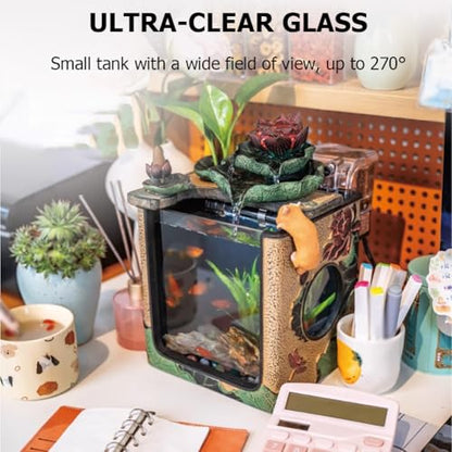 Fish Tanks with Water Fountain,Indoor & Outdoor Small Fish Pond Kit,Water Pump & Filtration & LED Light,Tabletop Aquarium,Waterfall Decoration,Home Office Decor,A