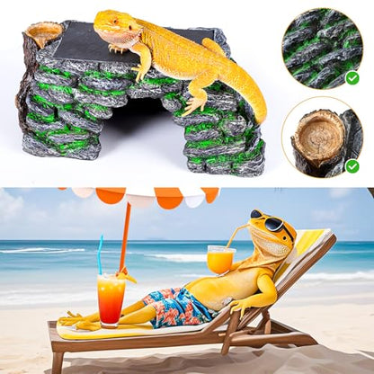 3 in 1 Large Bearded Dragon Basking Platform 13.4x7.1x5.3 in Scape Step Ledge Cave Hideout Natural Rock Reptile Food Bowl Reptile Tank Accessories for Lizard, Geckos, Ball Pythons, Tortoise