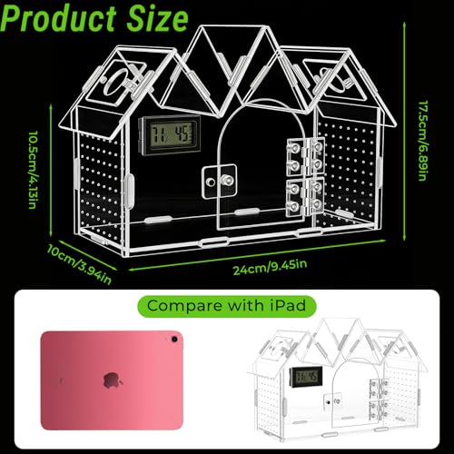 Jumping Spider Enclosure with Built-in Hygrometer Thermometer, 9.5"x4"x6.7" Acrylic Reptile Terrarium, Magnetic Front Door Habitat Tank for Tarantulas, Snails, Isopods, Insects
