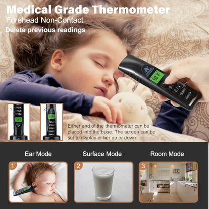 Baby Forehead Thermometer, 3-in-1 Infrared, Black | Ear, Forehead, No Touch for Infants, Toddlers, Kids, Adults, Stand, Clock - color: Black