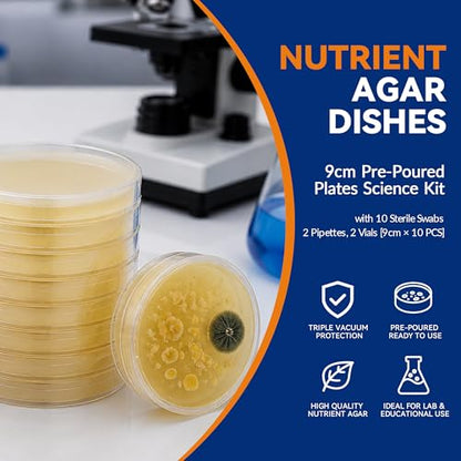 9cm Nutrient Agar Petri Dishes, Triple Vacuum Sealed, 10 PCS | Pre-Poured lab kit includes 10 sterile swabs, 2 pipettes & 2 vials, perfect for science and educational use - color: Nutrient Agar Petri Dishes