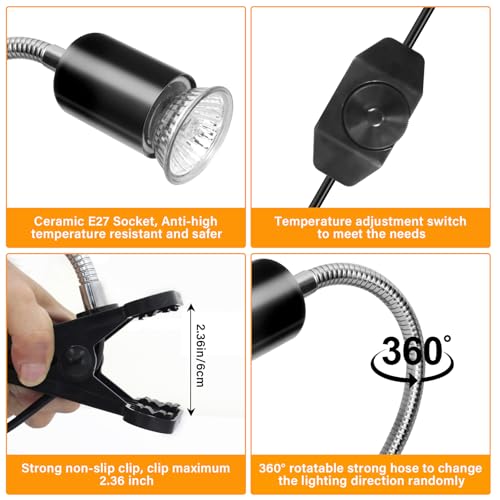 Reptile Heat Lamp with 2 Pcs 50W UVA UVB Light Bulb, 360° Rotatable Basking Spot Light Simulated Sunlight, Dimmable Heating Lamp for Turtle, Lizard, Snake, Beared Dragon, Amphibians - size: Reptile Lamp-Dimmable