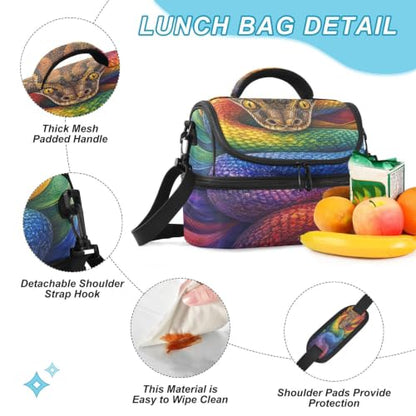 Emelivor Snake Rainbow Insulated Lunch Bag Tote Container for School | 8L Double Deck,Large Lunch Box with Shoulder Strap,Thermal Meal Prep Cooler,Suitable for School Work Picnic Office Travel