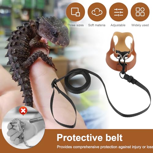 3 Pack Bearded Dragon Harness Set, Adjustable Bearded Dragon Leash with 3 Sizes Vests, 6.56ft Lead for Reptile Training Walking (Smooth Brown) - color: Smooth Brown