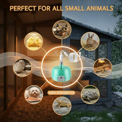 Enhon 2 Sets Chicken Coop Heater, Timing Heat Lamp for Chickens, Smart Temperature Control Chicken Brooder Heater Greenhouse Warmer, 5 Ft Ultra Long Cable Reptile Heating Lamp for Chicks Duck Dog Cat
