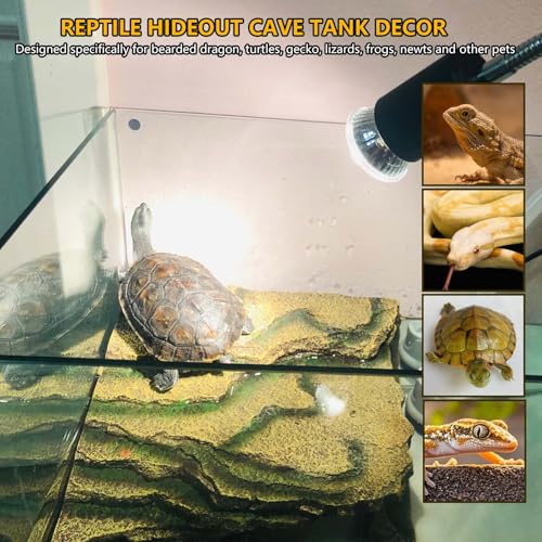 kathson Small Turtles Basking Platform,Resin Reptile Hideouts Cave Habitat Decor,Tortoise Hide Cave with Climbing Ramp Step,Bearded Dragons Hide Basking Rocks Accessories for Lizard,Gecko,Frog