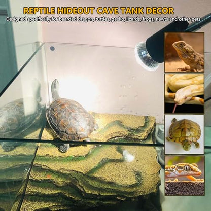 kathson Small Turtles Basking Platform,Resin Reptile Hideouts Cave Habitat Decor,Tortoise Hide Cave with Climbing Ramp Step,Bearded Dragons Hide Basking Rocks Accessories for Lizard,Gecko,Frog