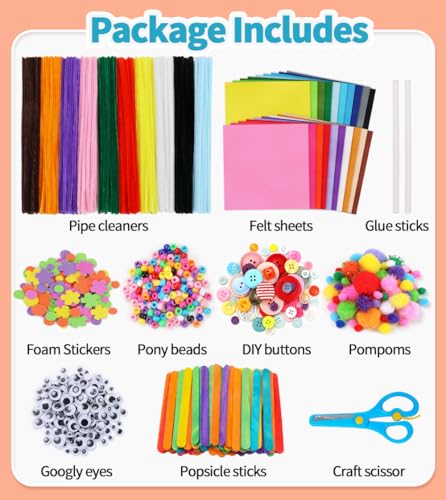 Eppingwin Pipe Cleaners Craft Kits, Craft Kit Includes Pom Poms, Felt Sheets, Pony Beads, Arts and Crafts Supllies for Arts Crafts DIY