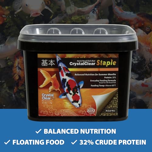 CrystalClear Staple Pond Fish Food for Koi & Goldfish, 40 Pound Bucket | Protein packed floating pellets for summer nutrition with easy digestion to support healthy growth and vitality - size: 39.68 Pound (Pack of 1)