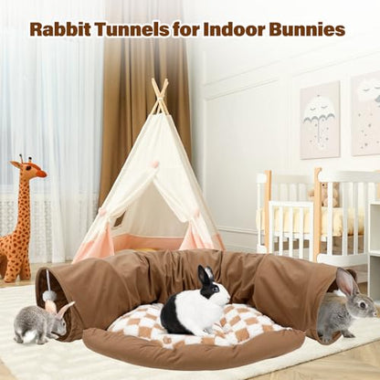 BWOGUE Bunny Tunnel Bed, Collapsible Rabbit Tunnel Hideout with Mat, Coffee | Removable Mat for Washing, Ball Toy for Play, Tunnel Tubes for Hiding, Soft Suede Fabric, Cats Rabbits Guinea Pigs - color: Coffee