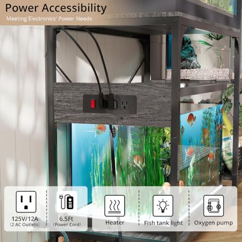 VOWNER 20-29 Gallon Fish Tank Stand with Power Outlet, Wood Aquarium Stand with Shelves for Fish Tank Accessories Storage, Heavy Duty Metal Frame, Turtle Reptile Terrarium Stand, Load 500lb, Grey - color: Grey