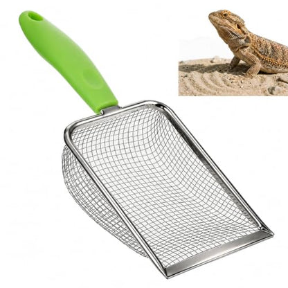 Stainless Steel Reptile Sand Substrate Scoop (Green, 11 Inch) | Mesh Litter Shovel, Fine Mesh Metal Reptile Litter Cleaner Scooper, Litter Cleaner Corner Scoop Sand Sifter for Sands Waste