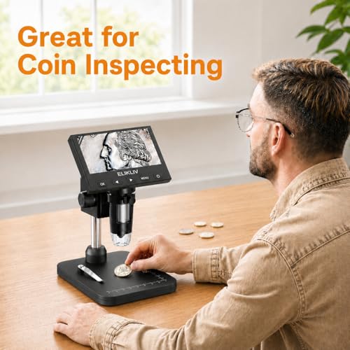 Elikliv Coin Microscope, 4.3'' LCD Digital Microscope 1000x, Coin Magnifier with 8 Adjustable LED Lights, PC View Compatible with Windows/Mac, EDM4B, Black - color: Black