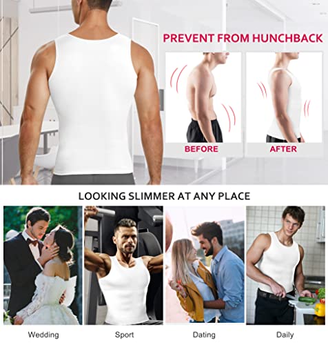 Gotoly Men's Compression Shirt Shapewear Slimming Body Shaper Vest | Man boobs slimming, double-layer tummy control, seamless round neck, invisible under fitted tees, 4-way stretch fabric - color: White, size: X-Large