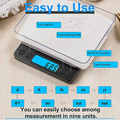 Digital Food Kitchen Scale Upgraded, YONCON 3000g/0.1g High Accuracy Mini Pocket Scale Measures in Grams and oz for Cooking, Baking, Jewelry, Tare Function,2 Trays, LCD Display (Batteries Included) - color: Black