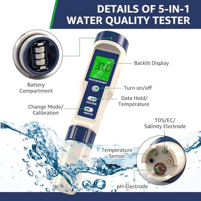 Pool Salt Tester & PH Meter - 5-in-1 Digital TDS Meter for Salinity PH Temp and EC, 0.01 High Accuracy, Swimming Pool, Hydroponics, Aquarium, Hot Tub, PPM Meter for Pool, Drinking Water, Wine