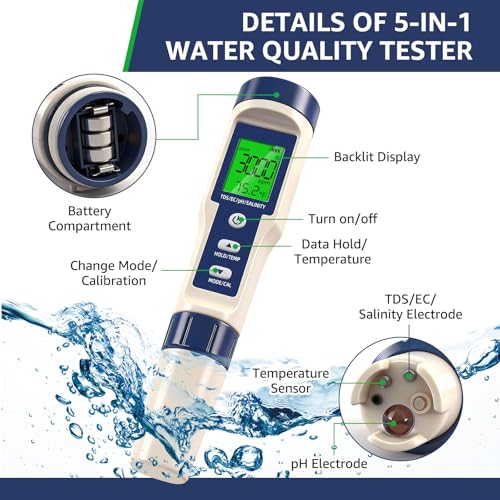 Pool Salt Tester & PH Meter - 5-in-1 Digital TDS Meter for Salinity PH Temp and EC, 0.01 High Accuracy, Swimming Pool, Hydroponics, Aquarium, Hot Tub, PPM Meter for Pool, Drinking Water, Wine, Food