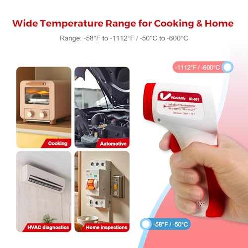 Infrared Thermometer for Meat,Laser Temperature Gun,-58~1112°F,DS 12:1 Digital IR Temp Gun with Adjustable Emissivity&High/Low Alarm,LCD Display Thermal Gun for Food Oven Cooking HVAC - color: Red