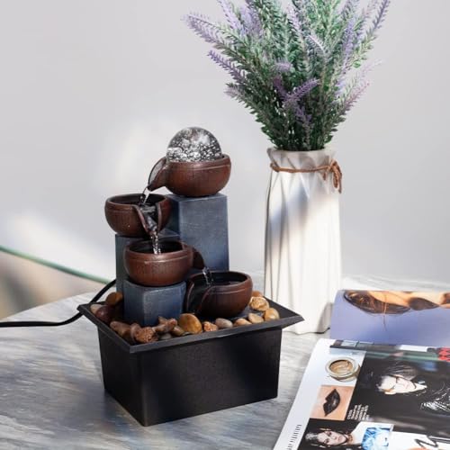 Indoor Desktop Fountain 4-Tier Desktop Fountain with Warm LED Lights & 3-Speed Adjustable Pump - Ideal for Bedrooms, Offices & Home Décor