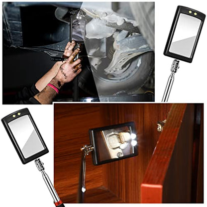 3 Pieces Telescoping Inspection Mirror Round Square Mirror Inspection Tool for Checking Vehicle, Observing Eyelashes Mouth and Other Small Parts(Extended, with Light, Oval Style) - style: Extended, With Light, Oval