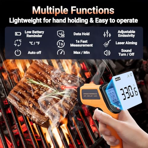 Digital Infrared Thermometer Gun for Cooking,BBQ,Pizza Oven, Infrared Thermometer Laser with Backlight,-58℉~712℉(-50℃~380℃) Handheld Non Contact Heat Laser Temperature Gun (Not for Human) - color: Orange