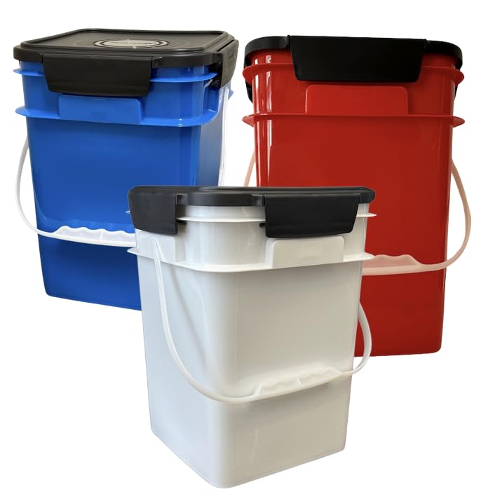 4 Gallon Square Food Grade Bucket Pail with Plastic Handles and Lid (Pack of 3) Made in USA containers (Blue/Red/White) - color: Blue/Red/White