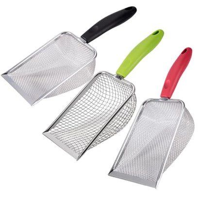 3PCS Cat Litter Scoop, Reptile Stainless Steel Fine Mesh,Litter Cleaner Corner Scoop Sand Sifter (Black-Green-Red) - color: Black-Green-Red