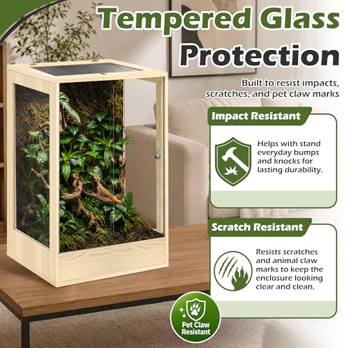 18" x 18" x 32" Tall Reptile Terrarium, 45 Gallon Glass Chameleon Cage, Vertical Crested Gecko Tank with Ventilated Mesh Top, Front Opening Rainforest Habitat, Oak - color: Oak, size: 18" L x 18" W x 32" H, 45 Gallon
