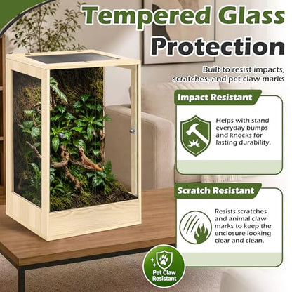 18" x 18" x 32" Tall Reptile Terrarium, 45 Gallon Glass Chameleon Cage, Vertical Crested Gecko Tank with Ventilated Mesh Top, Front Opening Rainforest Habitat, Oak - color: Oak, size: 18" L x 18" W x 32" H, 45 Gallon
