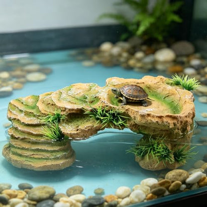 Turtle Docks for Basking Reptile Rock Cave Hideout | 2 In 1 Basking Platform And Hide Cave With Fake Grass On 4 Sides Wide Textured Ramp Durable Resin Light Brown Yellow - color: Light Brown Yellow