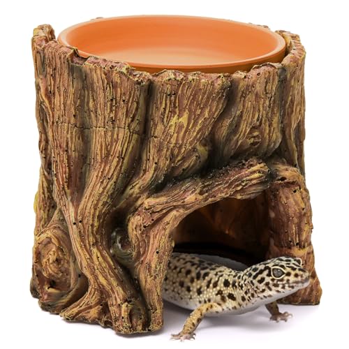 Cididu Reptile Hide Cave Resin, 2 in 1 Reptile Hideout Cave and Food Tray, Reptile Shelter with Detachable Food Bowl, Leopard Gecko Keeper Habitat Help Shedding for Amphibian, Snake, Lizard, Turtle