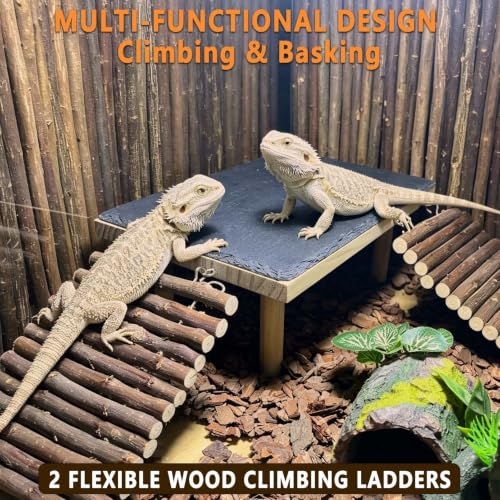 Bearded Dragon Basking Platform with Climbing Ramp,Reptile Basking Rock,XL | Wooden Lizard Resting Platform Basking Rock Slate,Leopard Gecko Hide Cave Tank Accessories for Tortoise Snake - size: XL: 13.78"x 7.87"x 4.56"