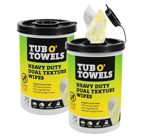 Tub O' Towels TW75 Heavy-Duty Multi-Surface Cleaning Wipes – Dual Texture 10" x 12" XL – Removes Grease, Tar, Oil, Paint, Ink & Tough Stains – Degreaser for Home, Garage, Auto & Workshop (Pack of 2) - size: 1 Count (Pack of 2)