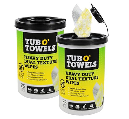 Tub O' Towels TW75 Heavy-Duty Multi-Surface Cleaning Wipes – Dual Texture 10" x 12" XL – Removes Grease, Tar, Oil, Paint, Ink & Tough Stains – Degreaser for Home, Garage, Auto & Workshop (Pack of 2) - size: 1 Count (Pack of 2)