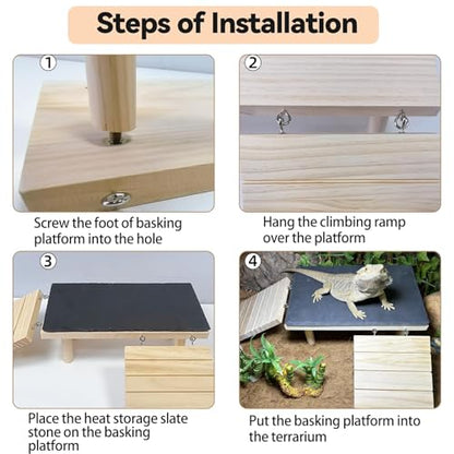 Wooden Bearded Dragon Platform Reptile Basking Platform with Slate Stone Tank Accessories for Leopard Gecko Lizard Turtle Snake (Large, 11.8 × 7.9 Inches)