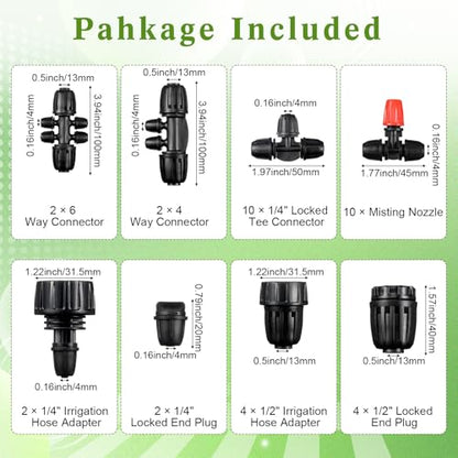 Pushglossy 36 Pcs 1/2" to 1/4" Drip Irrigation Fittings Kit Anti-Drop Barbed Tee Connector 2 4 6 Way Locked Tee Easy Connector Tubing End Plug Misting Nozzle Irrigation Hose Adapter for Plant System