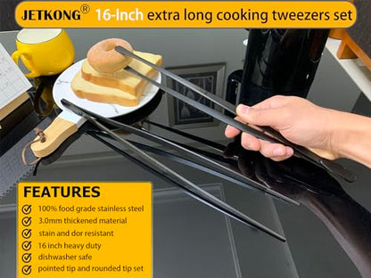 JETKONG 2 Pcs 16-Inch Heavy Duty Plating Tongs, Extra-Long Kitchen Fine Tongs Large Stainless Steel Cooking Forceps (Black) - color: Black, size: 16+16 Inch