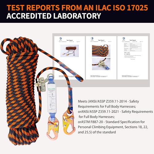 DIJJIG Rope Harness Safety Lanyard 25ft Vertical Roofing Rope With Grab Snap Hooks Shock Absorber Fall Protection Tree Climbing Line Kit Heavy Duty Roof Safety Equipment ANSI CE - style: 25ft