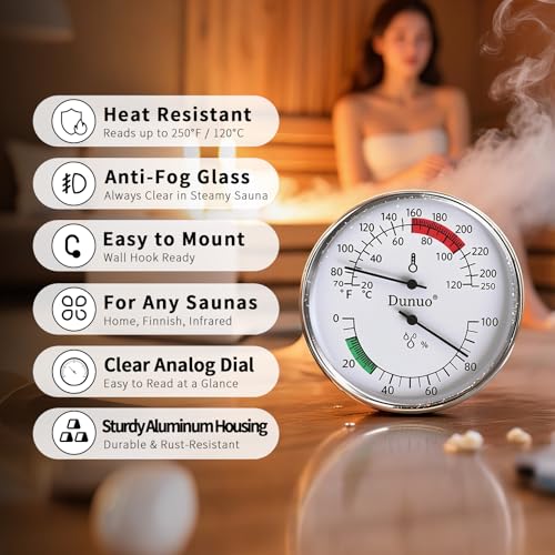 4-Inch Aluminum Sauna Thermometer Hygrometer, °F/°C Dual Scale | Aluminum Housing, Anti-Fog Glass, Easy Calibration, Heat & Humidity Resistant, Battery-Free, Fits Steam & Finnish Sauna