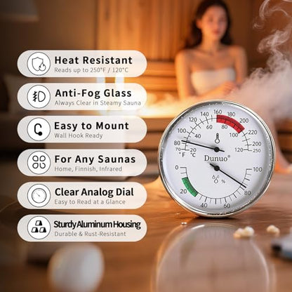 4-Inch Aluminum Sauna Thermometer Hygrometer, °F/°C Dual Scale | Aluminum Housing, Anti-Fog Glass, Easy Calibration, Heat & Humidity Resistant, Battery-Free, Fits Steam & Finnish Sauna