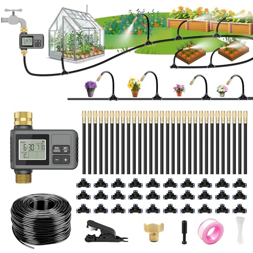 120FT Drip Irrigation System with Smart Water Timer | Brass Connectors, 360° Adjustable Nozzles and Bendable Tubing for Garden, Greenhouse, Lawn, Raised Beds and Potted Plants - size: 120Ft Brass Fitting with Timer
