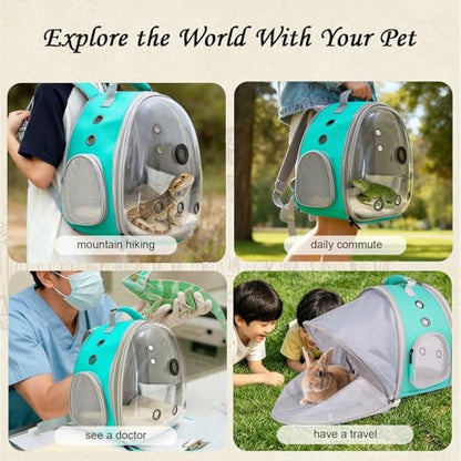 Back Extention Bearded Dragon Travel Backpack Carrier with Reptile Thermometer and Humidity Gauge Lizard Travel Cage Space Capsule Clear Bubble Window Astronaut Reptile Carrier Bag for Ball Python - color: Green