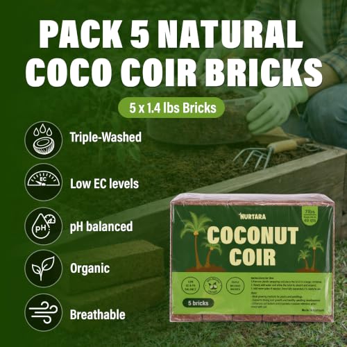 Coconut Coir Bricks, 5 Pack, 7lbs Coco Peat for Plants and Reptiles | Expands to 40 qt, 5 compressed bricks, seed starting, potting mix base, low EC, pH balanced, made in Vietnam - size: 7 Lbs (Pack of 5)