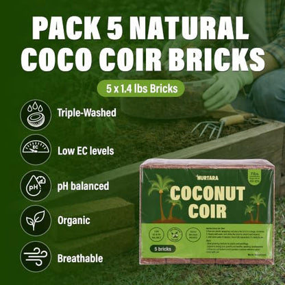 Coconut Coir Bricks, 5 Pack, 7lbs Coco Peat for Plants and Reptiles | Expands to 40 qt, 5 compressed bricks, seed starting, potting mix base, low EC, pH balanced, made in Vietnam - size: 7 Lbs (Pack of 5)