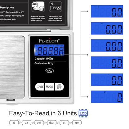 Fuzion Pocket Gram Scale - 1000g/0.1g Digital Mini Travel Food Scale | Easy of Use, LCD Display, Tare Function, 6 Modes Ounces Grains, Batteries Included - color: Silver
