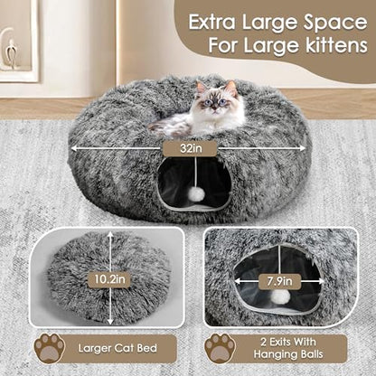 Cat Tunnel Bed for Indoor Cats, Peekaboo Cat Cave with Washable Soft Play Mat, Furry Cat Tube, for Kitten/Puppy/Rabbit, Black - color: black
