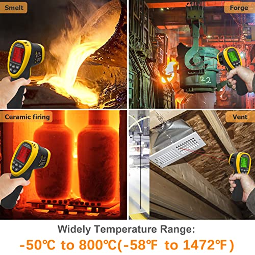 Infrared Thermometer Gun -58℉~1472℉, WapoRich Dual Laser Pyrometer, Non-Contact Digital Temp Gun w/Humidity, Ambient Temp & Dew Point, Temp Alarm for Cooking, BBQ, HVAC【NOT for Human】