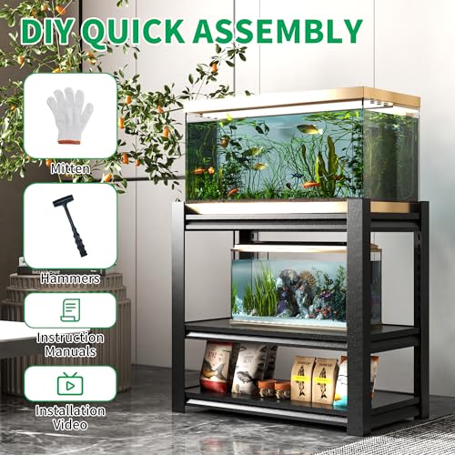 3-tier Metal Fish Tank Stand for 30 Gallon Long Aquarium,31.5"*18"*34" | heavy duty Steel Rack Shelves,Aquarium Stand 20 Gallon,Reptile Terrarium Stand,Reptile Tank Stand,Breeder Tank Stand - color: Black